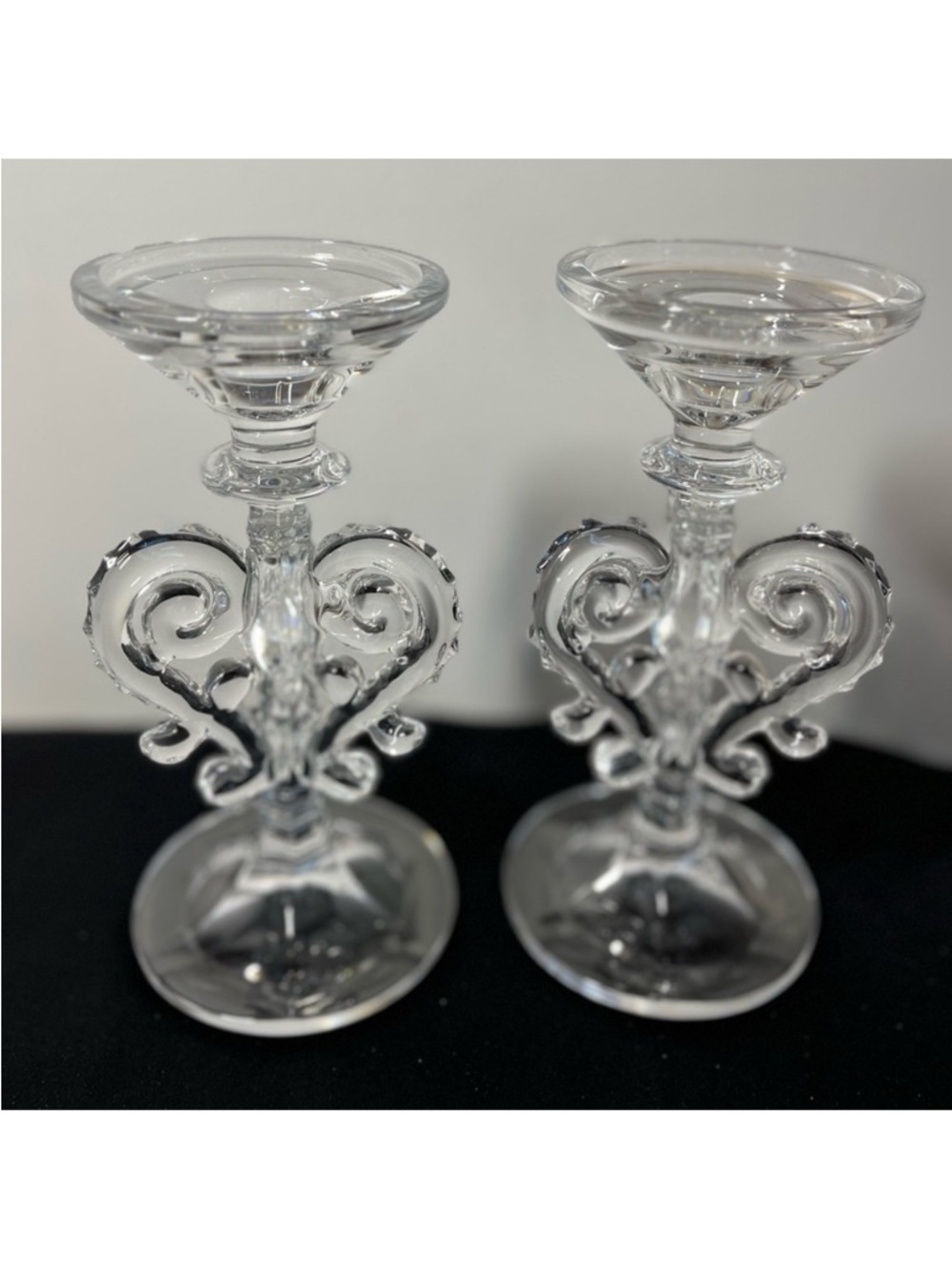 vintage Shannon Crystal candlestick holders ornate heart-shaped scroll design